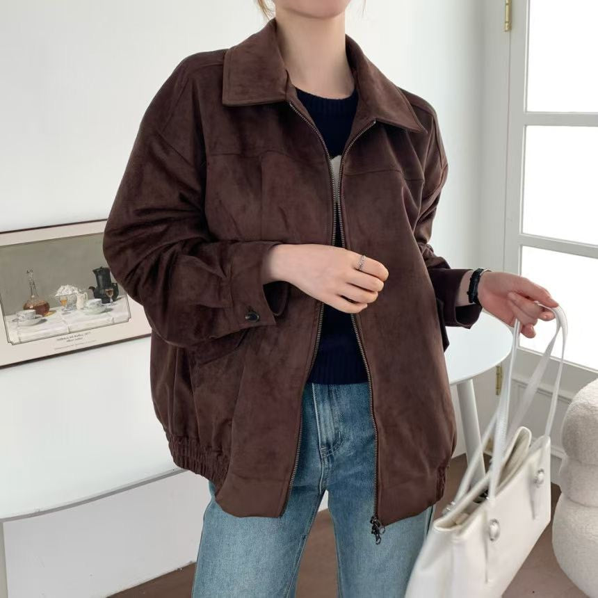 JK1876 麂皮長版拉鍊夾克