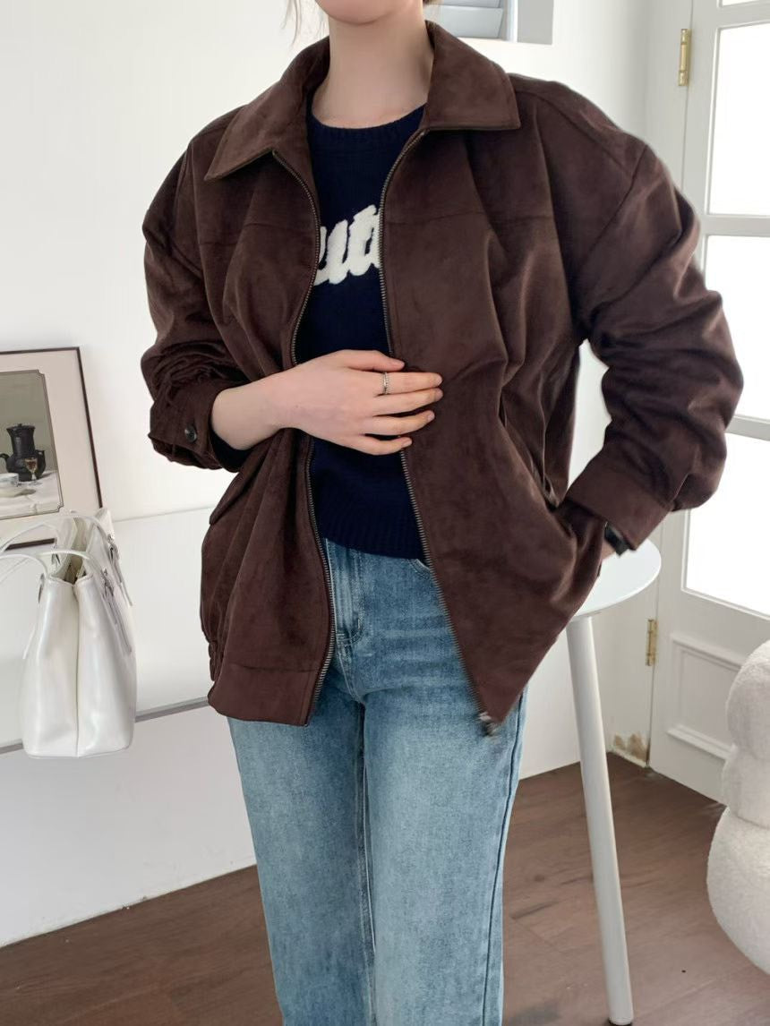JK1876 麂皮長版拉鍊夾克