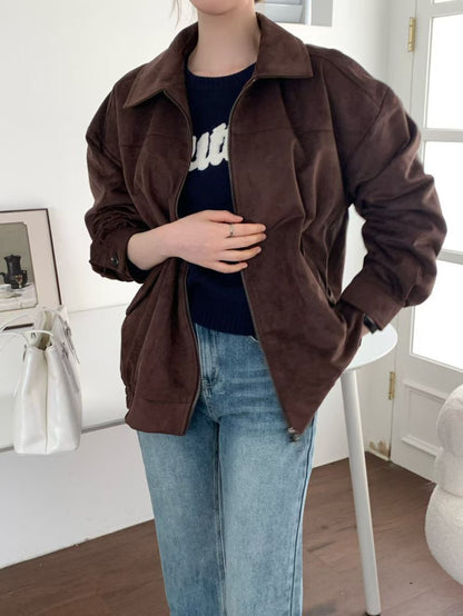 JK1876 麂皮長版拉鍊夾克