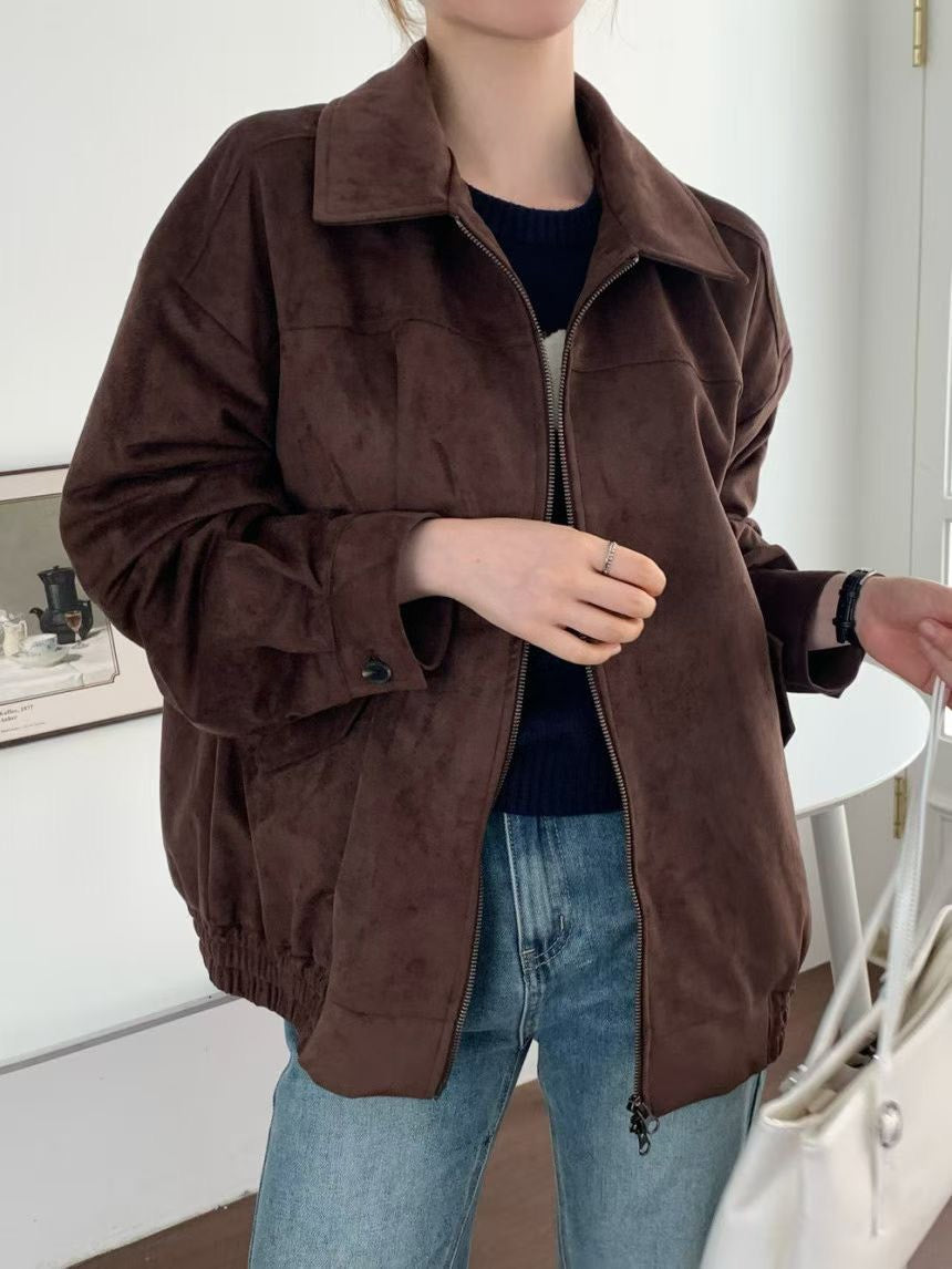 JK1876 麂皮長版拉鍊夾克