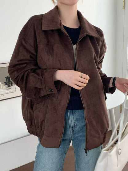 JK1876 麂皮長版拉鍊夾克