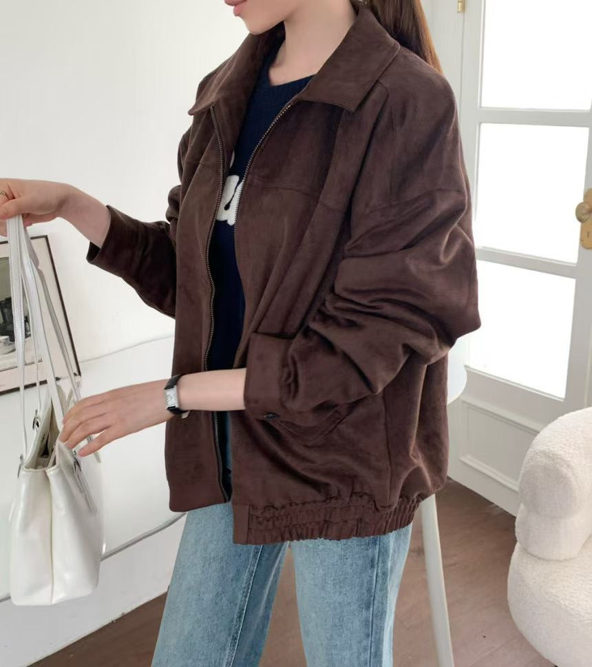 JK1876 麂皮長版拉鍊夾克