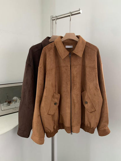 JK1876 麂皮長版拉鍊夾克