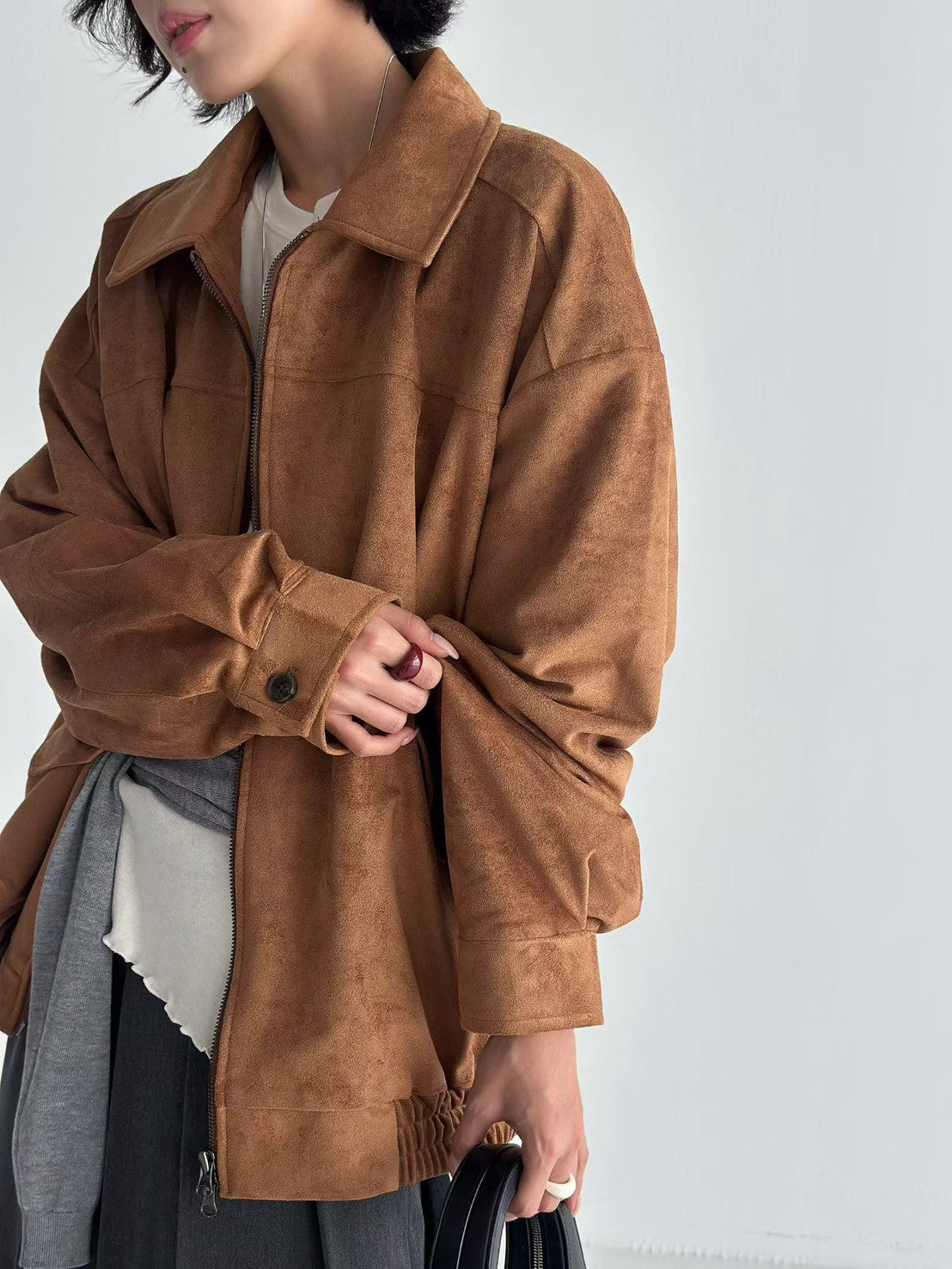 JK1876 麂皮長版拉鍊夾克