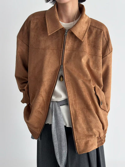 JK1876 麂皮長版拉鍊夾克