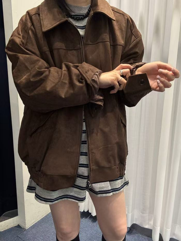 JK1876 麂皮長版拉鍊夾克