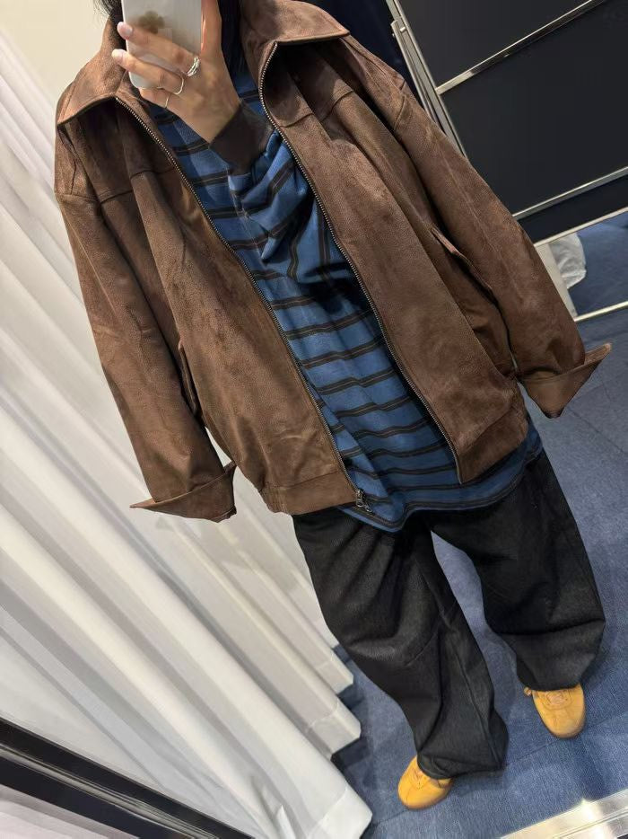 JK1876 麂皮長版拉鍊夾克