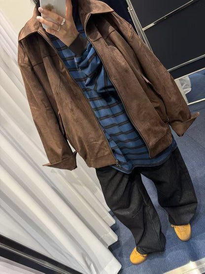 JK1876 麂皮長版拉鍊夾克