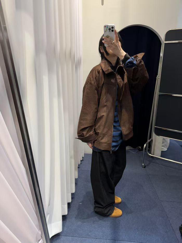 JK1876 麂皮長版拉鍊夾克