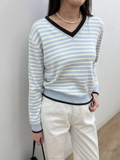10C205 滾邊V領橫條針織衫