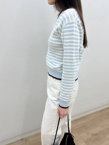 10C205 滾邊V領橫條針織衫