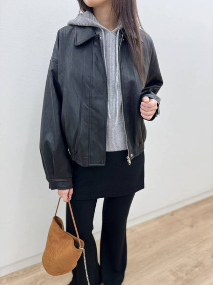 10C213 領子皮質拉鍊夾克