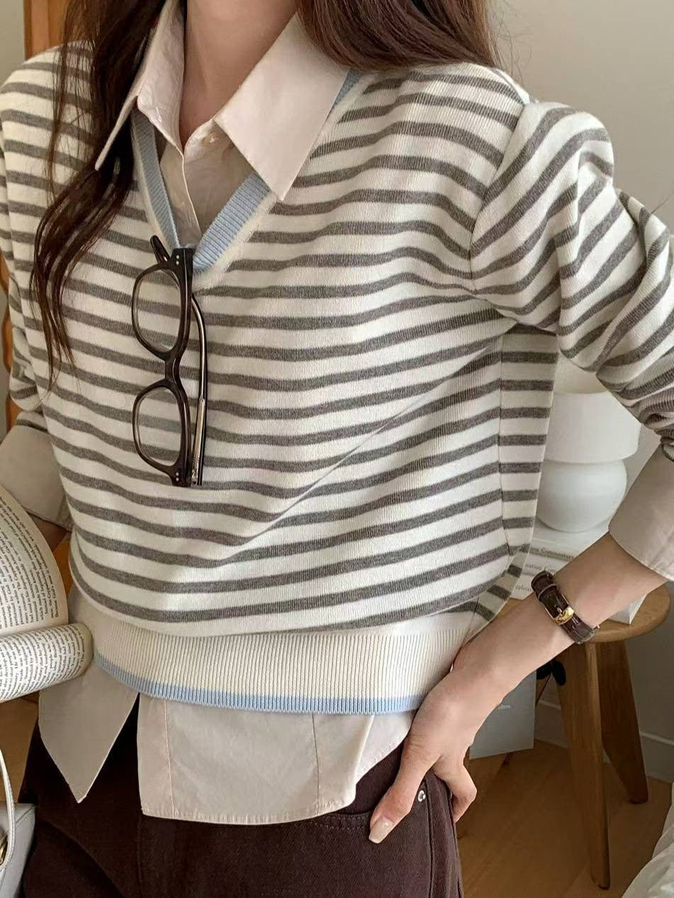 10C205 滾邊V領橫條針織衫