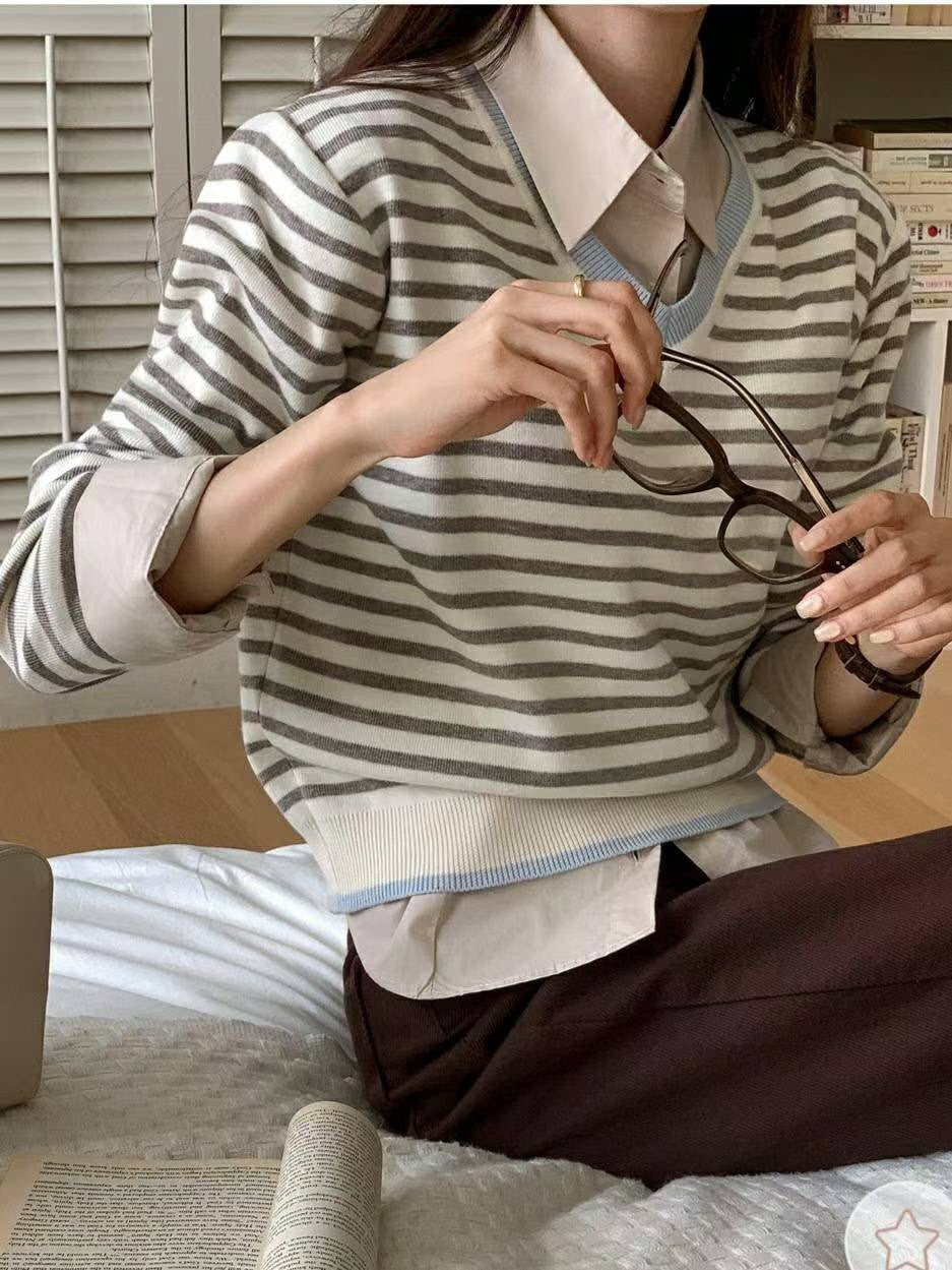 10C205 滾邊V領橫條針織衫