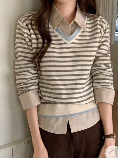 10C205 滾邊V領橫條針織衫