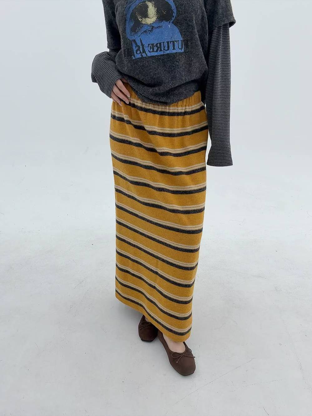 12A113 鬆緊腰配色橫條針織棉長裙