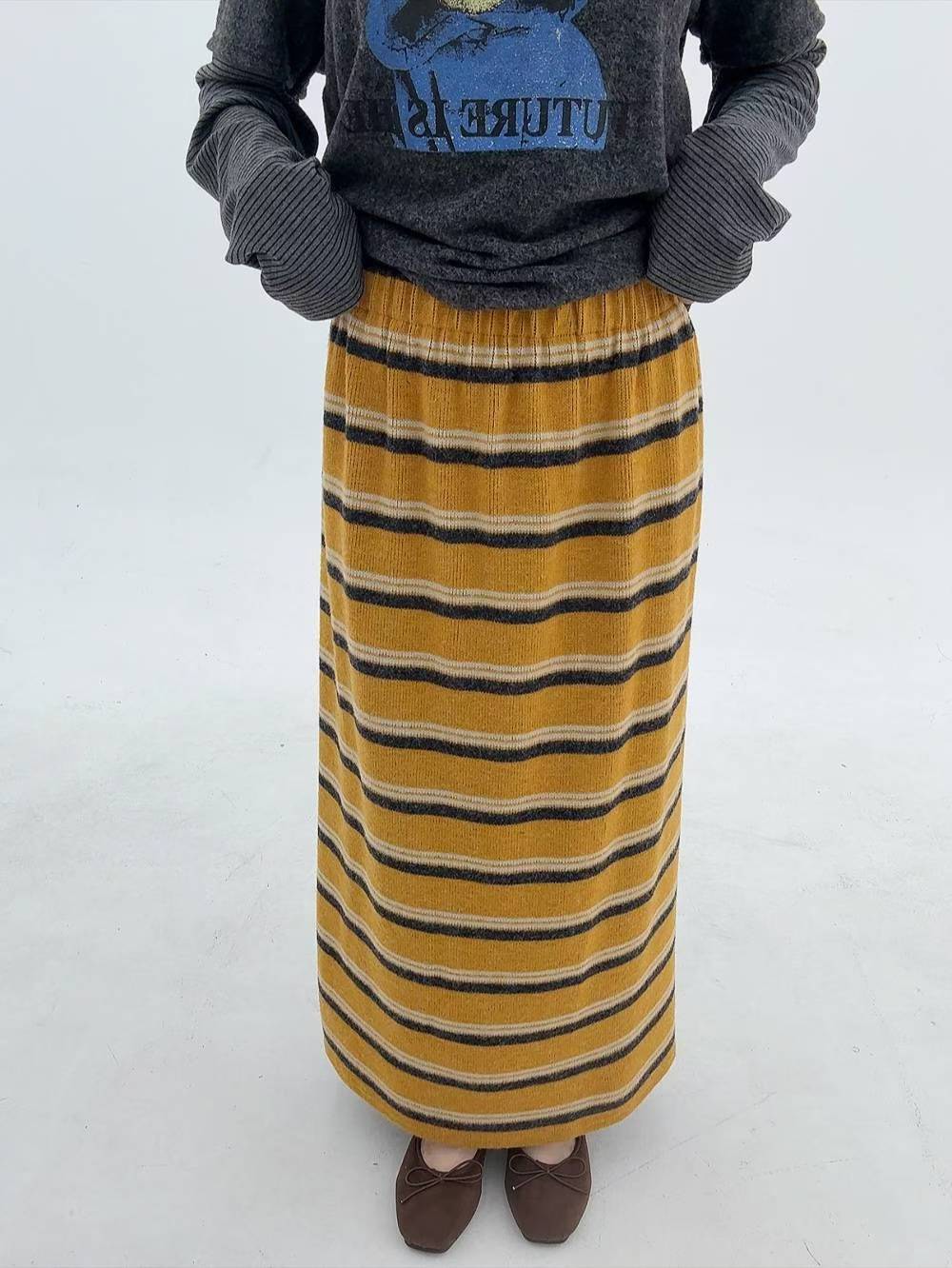 12A113 鬆緊腰配色橫條針織棉長裙