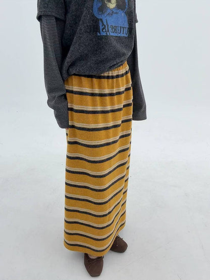 12A113 鬆緊腰配色橫條針織棉長裙