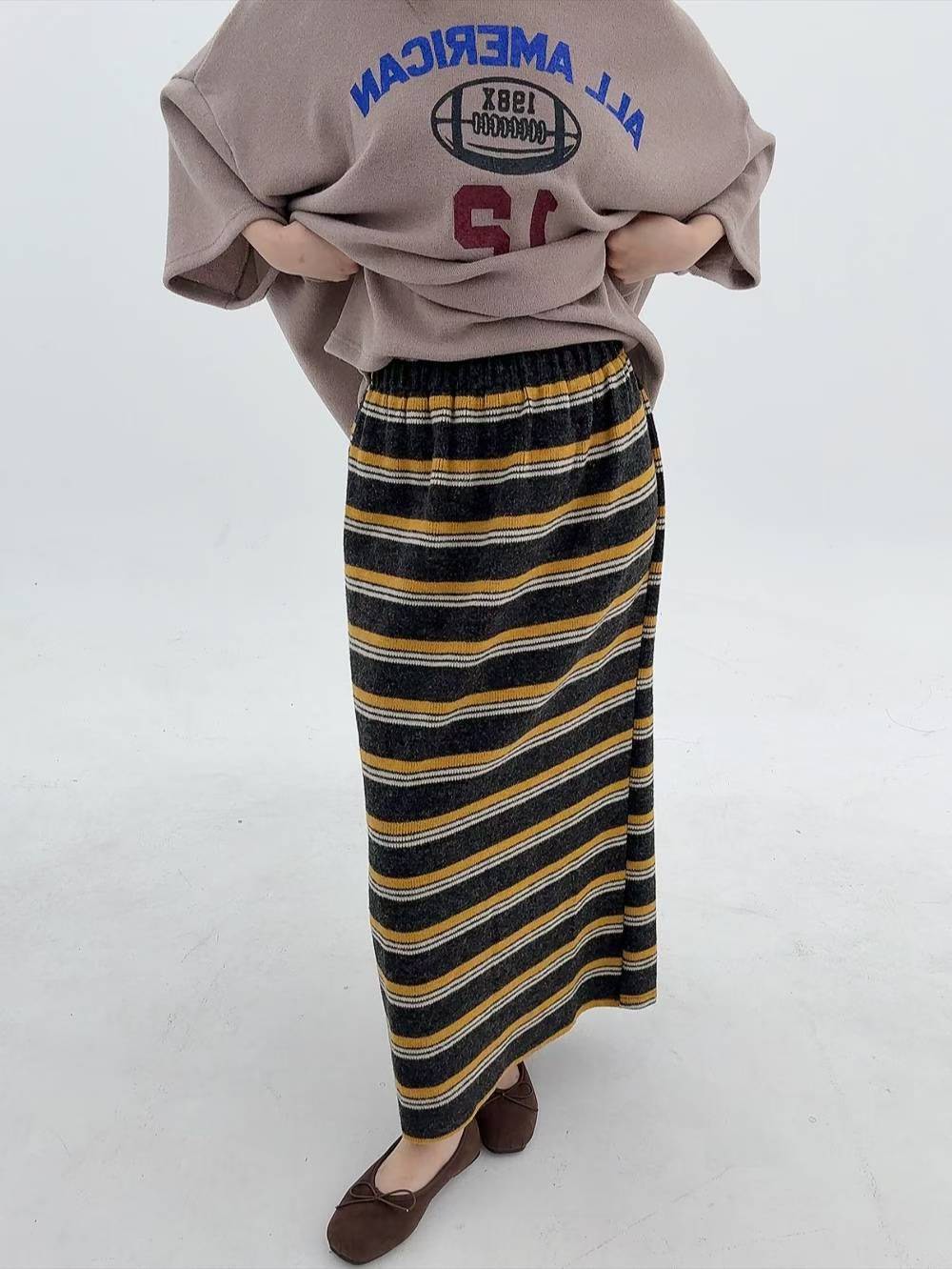 12A113 鬆緊腰配色橫條針織棉長裙