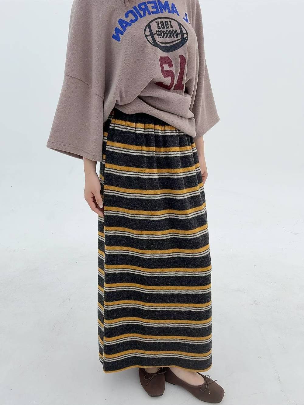 12A113 鬆緊腰配色橫條針織棉長裙