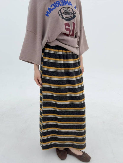 12A113 鬆緊腰配色橫條針織棉長裙