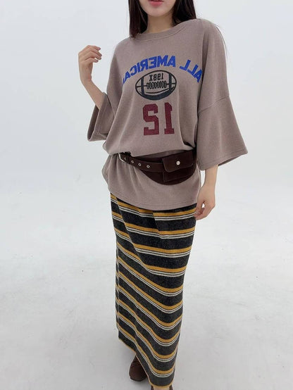 12A113 鬆緊腰配色橫條針織棉長裙