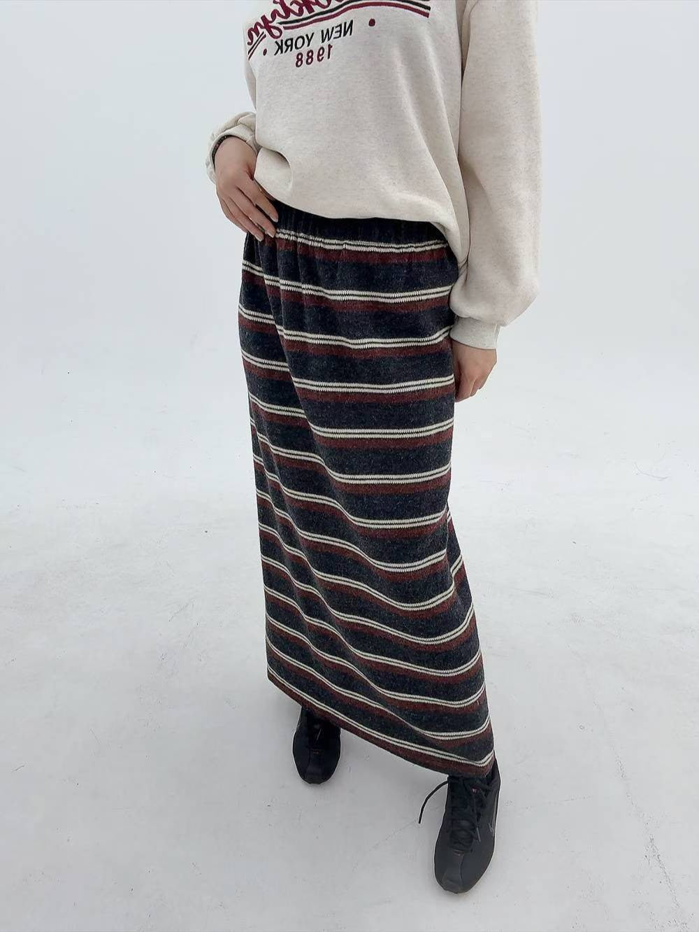 12A113 鬆緊腰配色橫條針織棉長裙