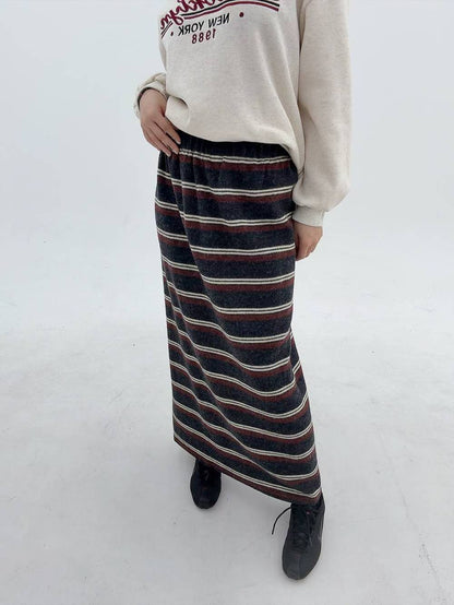 12A113 鬆緊腰配色橫條針織棉長裙