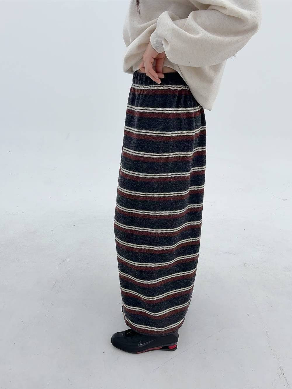 12A113 鬆緊腰配色橫條針織棉長裙