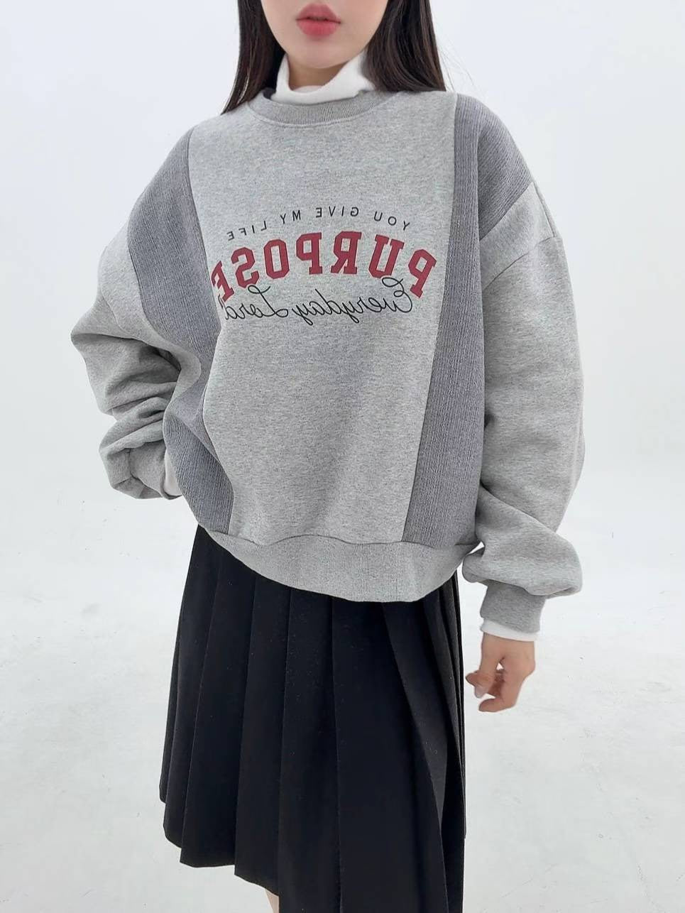 12A115 兩側針織拼接大學T(內磨毛)