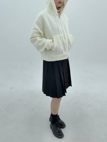 12A116 羔羊毛拉鍊連帽外套