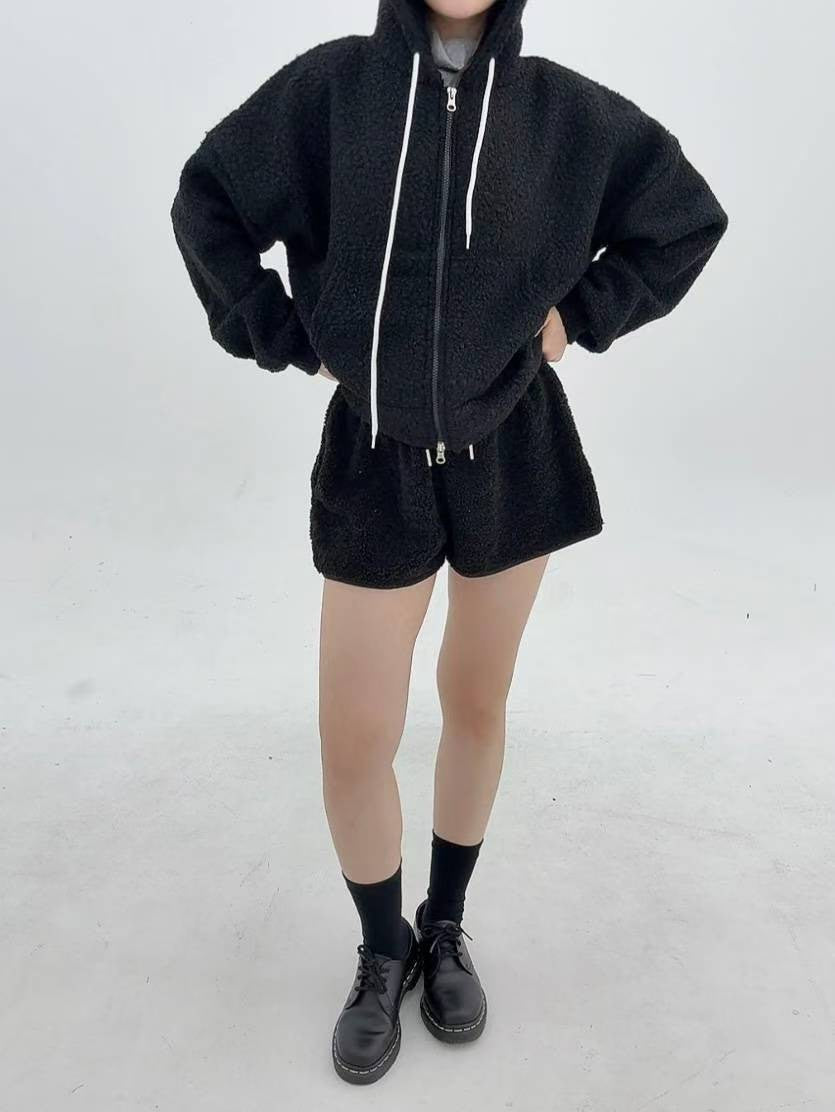 12A116 羔羊毛拉鍊連帽外套