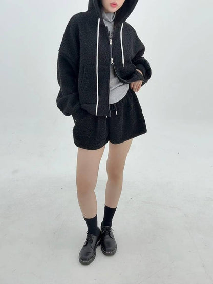 12A116 羔羊毛拉鍊連帽外套