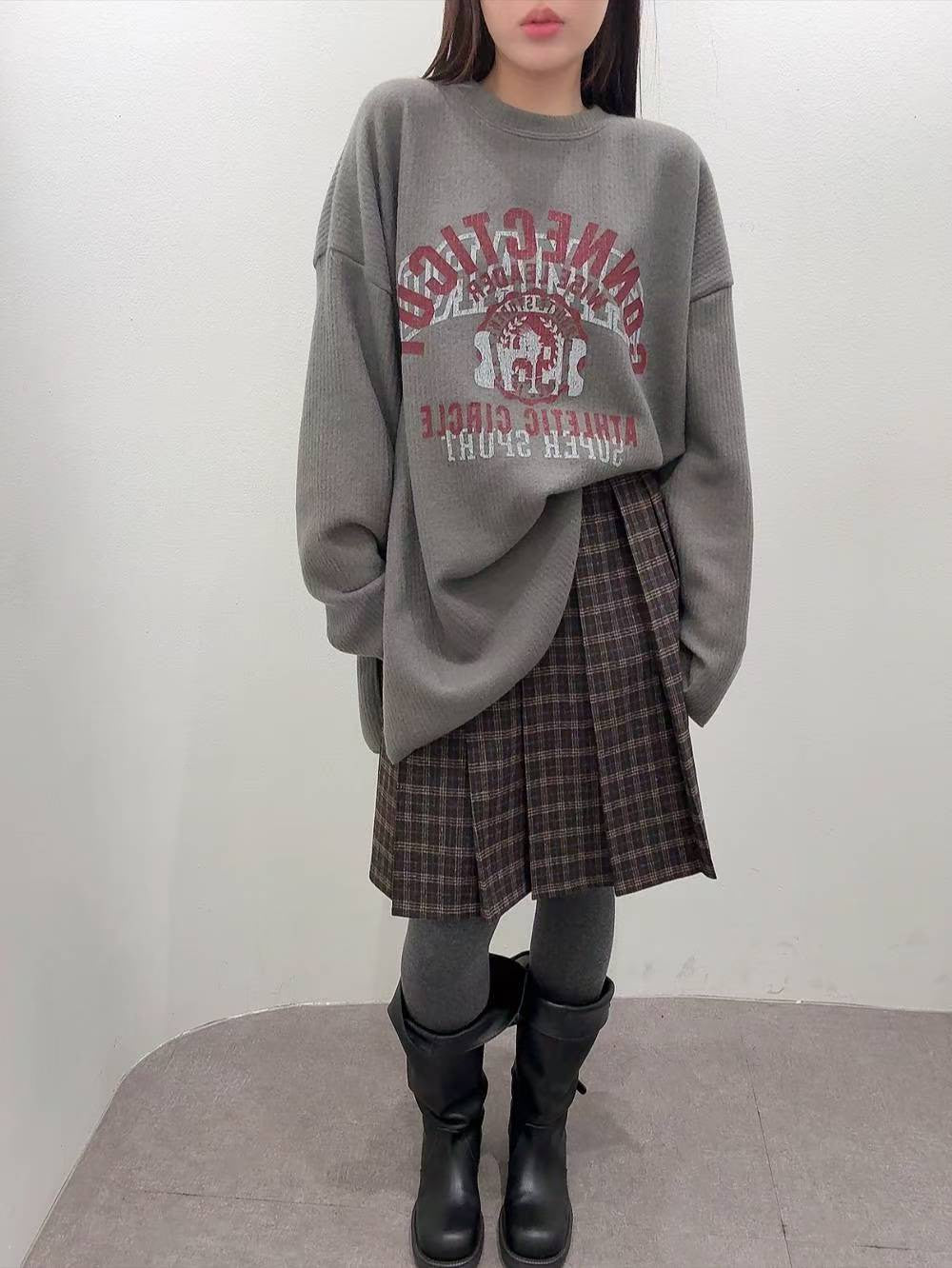 12A118 毛呢格紋百褶五分裙(後鬆緊)