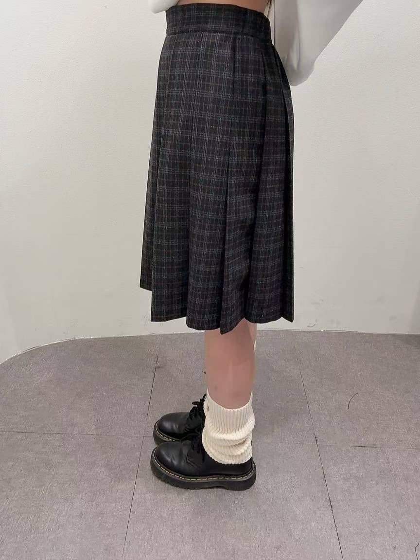 12A118 毛呢格紋百褶五分裙(後鬆緊)