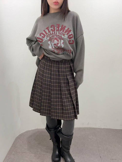 12A118 毛呢格紋百褶五分裙(後鬆緊)