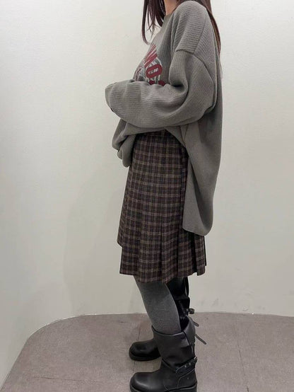 12A118 毛呢格紋百褶五分裙(後鬆緊)