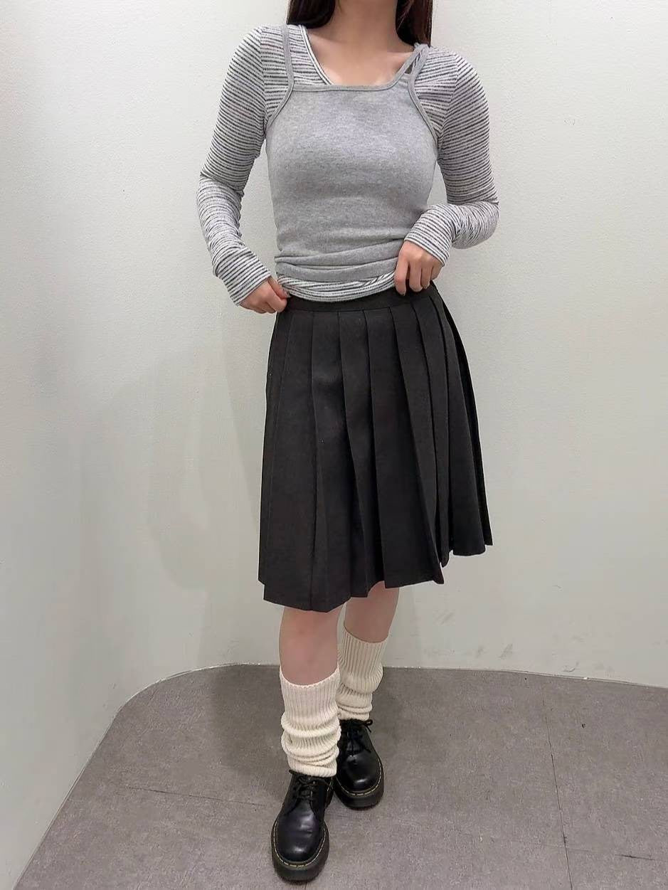 12A118 毛呢格紋百褶五分裙(後鬆緊)