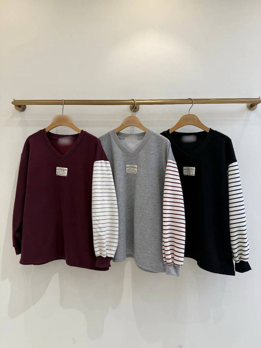 12A120 V領單邊橫條大學T(內磨毛)