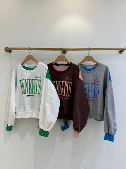 12A101 背後異材質配色大學T(內磨毛)