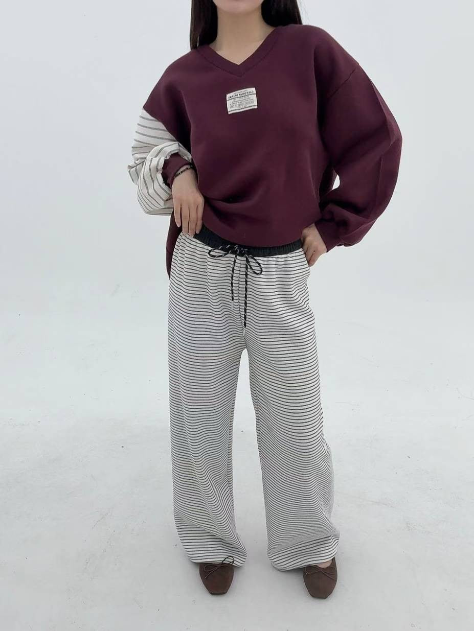 12A106 鬆緊腰橫條舒服棉褲(內磨毛)