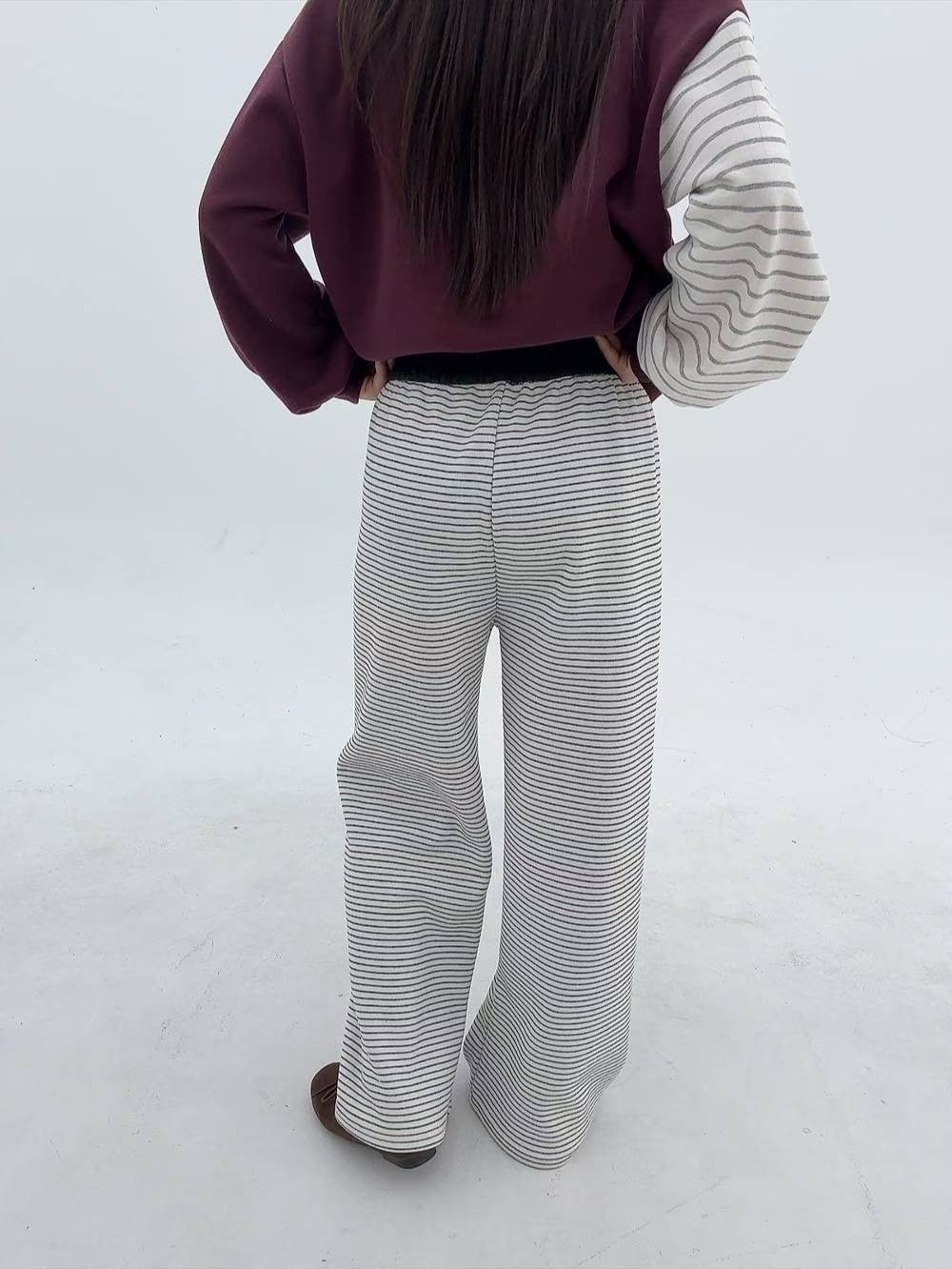 12A106 鬆緊腰橫條舒服棉褲(內磨毛)