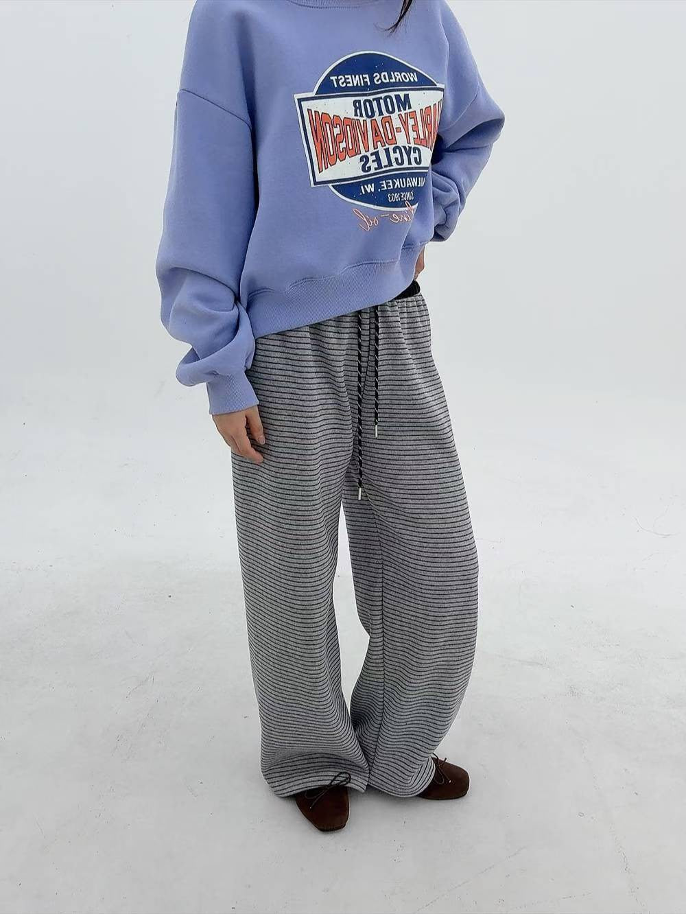 12A106 鬆緊腰橫條舒服棉褲(內磨毛)