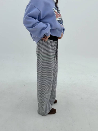 12A106 鬆緊腰橫條舒服棉褲(內磨毛)