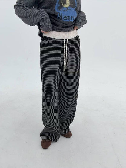 12A106 鬆緊腰橫條舒服棉褲(內磨毛)