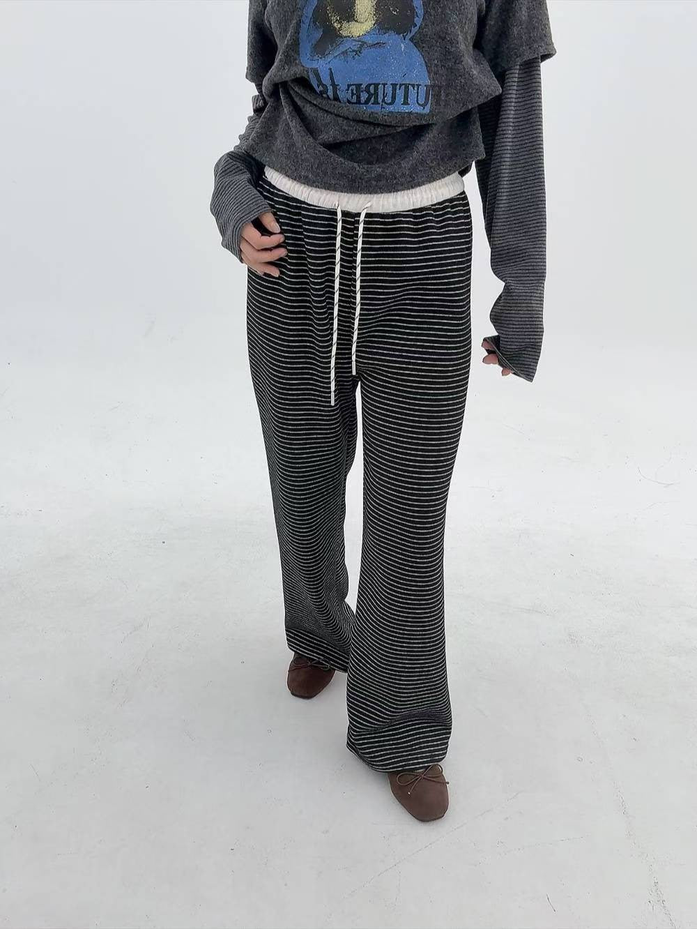 12A106 鬆緊腰橫條舒服棉褲(內磨毛)