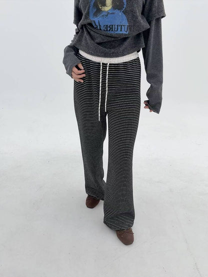 12A106 鬆緊腰橫條舒服棉褲(內磨毛)