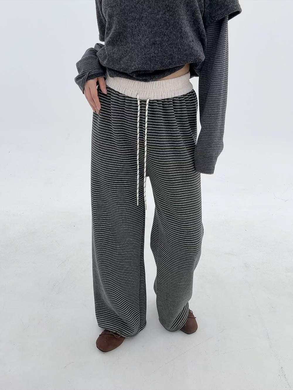 12A106 鬆緊腰橫條舒服棉褲(內磨毛)