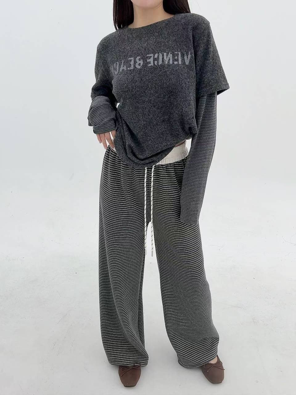 12A106 鬆緊腰橫條舒服棉褲(內磨毛)