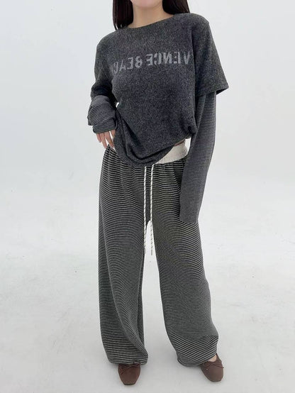 12A106 鬆緊腰橫條舒服棉褲(內磨毛)